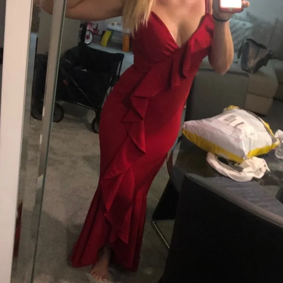slim fit dress slacks Red Satin Mermaid V Neck Backless Prom Dresses, PL591 main image 1